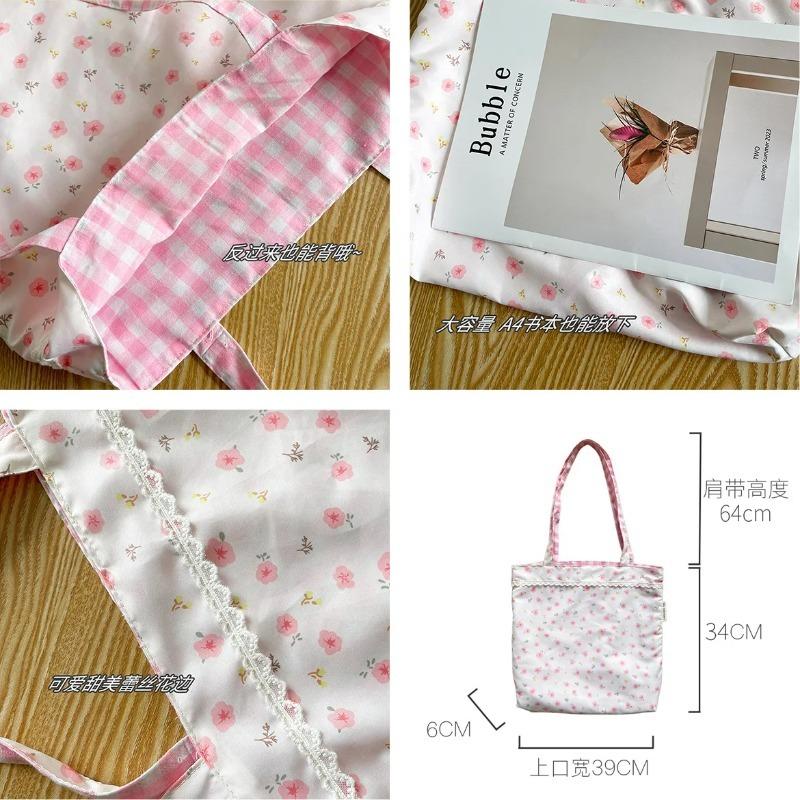 Sweet Plaid Floral Double Sided Women's Shoulder Bag Large Capacity Female Shopping Bags Casual Flower Ladies Tote Handbags