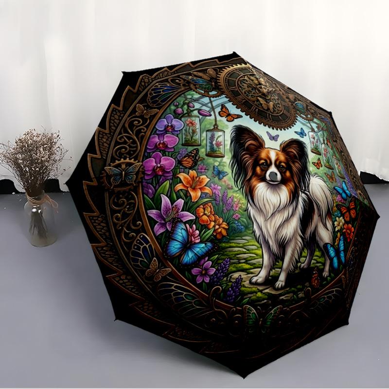 Clockwork Garden Papillon Pattern Umbrella, Portable and Foldable Design, 8 Ribs, a Casual Accessory for Halloween, Christmas, and Birthday Gifts.