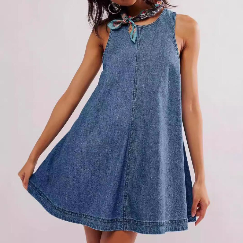 Trendy Women's Sleeveless A-line Dress Denim Skirt Loose Fit Slimming Round Neck Tank Dress, Casual Vintage Summer Dress for Daily Wear & Vacations