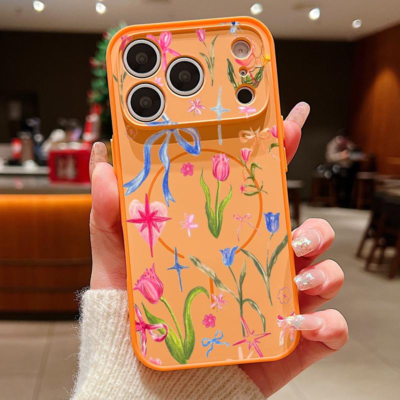 Little Floral Pattern Case For iPhone 17 Pro Max iPhone 16 Pro Max 15 14 13 Magnetic For Magsafe Hybrid TPU+PC Matte Cover iPhone 15 Pro оранжевый