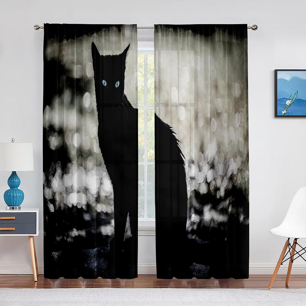 Black Cat Big Eyes Animal Grey Tulle Curtains for Living Room Bedroom Decoration Transparent Chiffon Sheer Voile Window Curtain