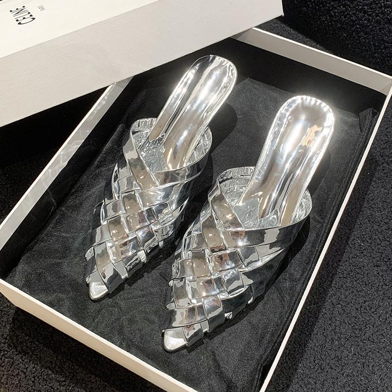 Fashion Summer Women Slipper Fashion Weave Pointed Toe Slip On Ladies Mules Shoes Flat Heel Sandal Shoes Dress Slides Mujer