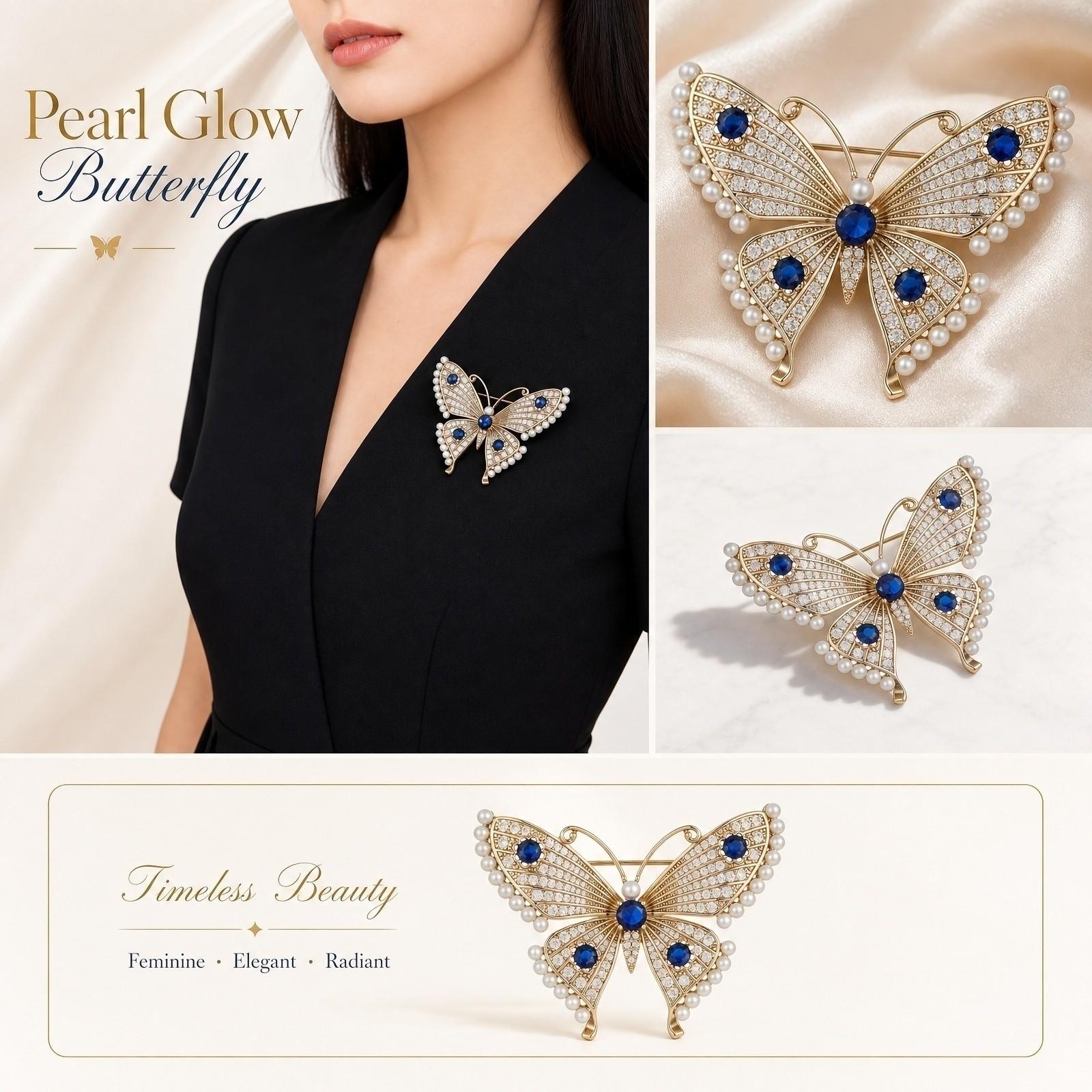 Butterfly Brooch Pin with Pearls and Rhinestones French Style Elegant Lapel Pin Fashion Accessory for Coat and Outerwear Decoration one size
