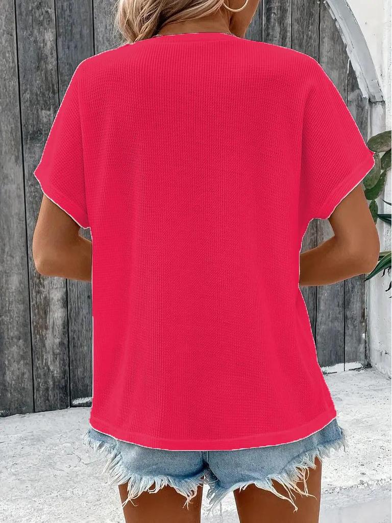 Frühling/Sommer 2025 Damen Plus Size Knopf Kurzarm T-Shirt - Europäischer/Amerikanischer Stil, Einfarbige Mode