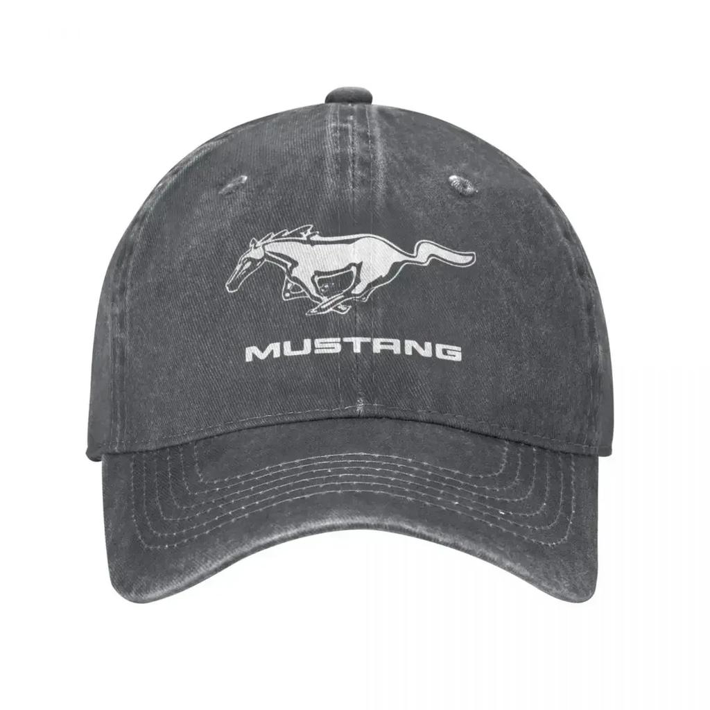 Klassische Mustang Logo Baseballkappe für Unisex Damen Used Denim Gewaschen Snapback Hut Weißes Pferd Unstrukturiert Weiche Kappen Mütze