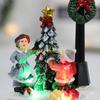 F26C Christmas Village Scene Xmas Tree Snowman Resin Ornament with LED Light Animated Street Lamp Miniature Statue Decoration