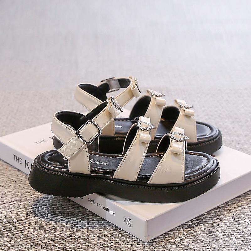 2025 Summer New Kids Leather Sandals for Girls Anti-slippery Sole Toddler Beach Shoes with Shiny Heart Princess Roman Style Shoe