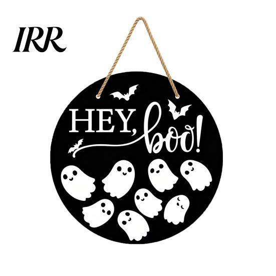 Haunted House Door Sign Halloween Hanging Sign, Wooden Front Hanger Wreath, Cute Eye-catching Ghost Welcome for Porch Wall Indoor Home Decoration