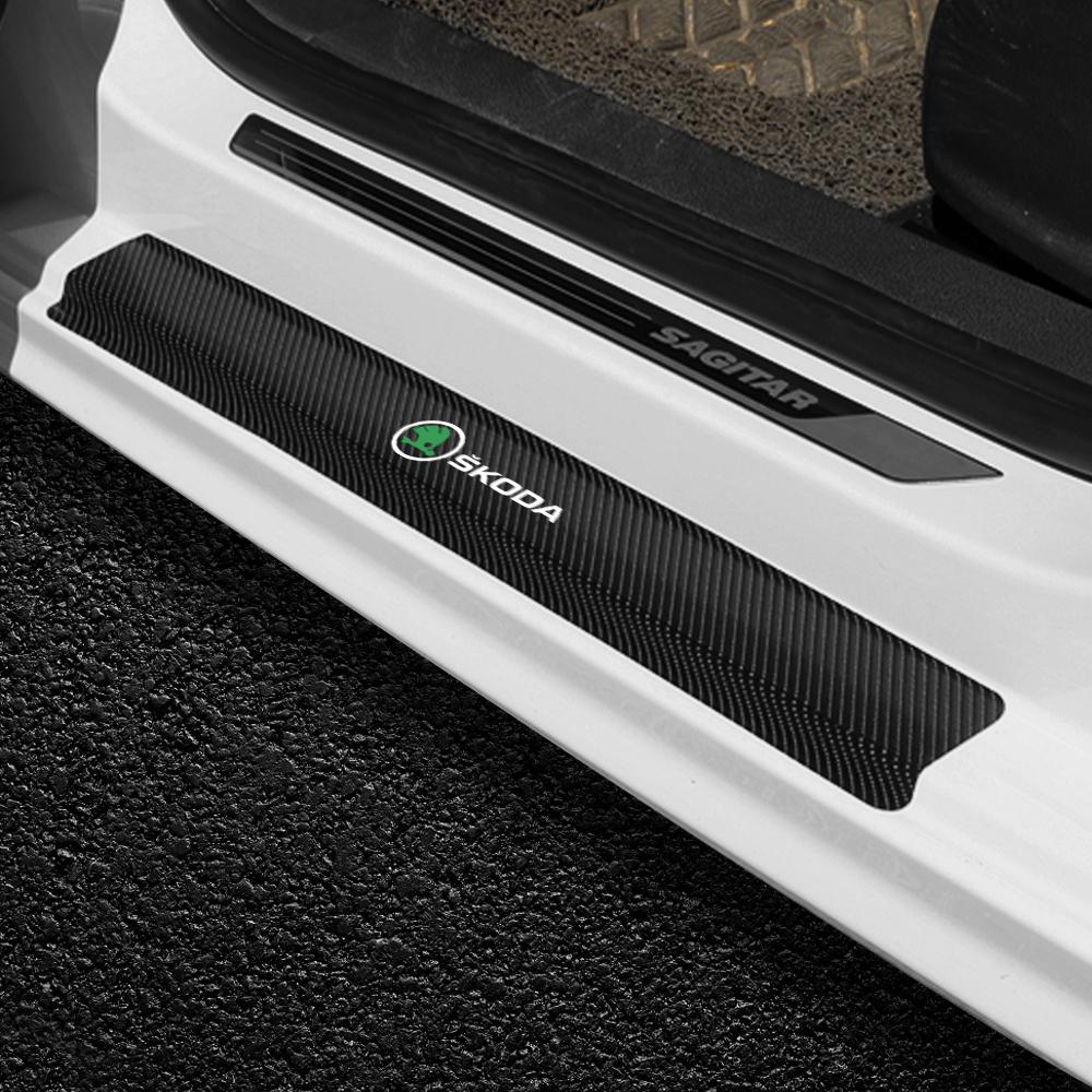 4pcs Car Door Sill Anti Kick Stickers Scuff Anti Scratch Carbon Fiber For Skoda Octavia Rapid Kodiaq Karoq Superb Fabia Kamiq A7