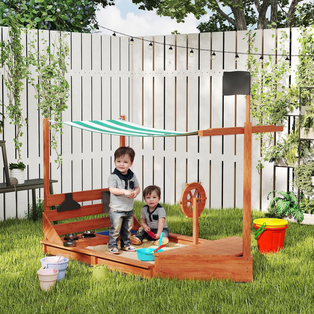 Sandbox with Sun Canopy, Pirate Ship, Incl. Children's Kitchen Play Set, Solid Wood, 180 X 103 X 144.5 Cm, Green