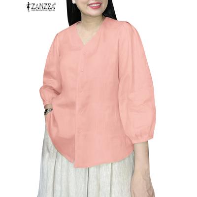 Women Summer V-Neck 3/4 Sleeve Loose Casual Blouse