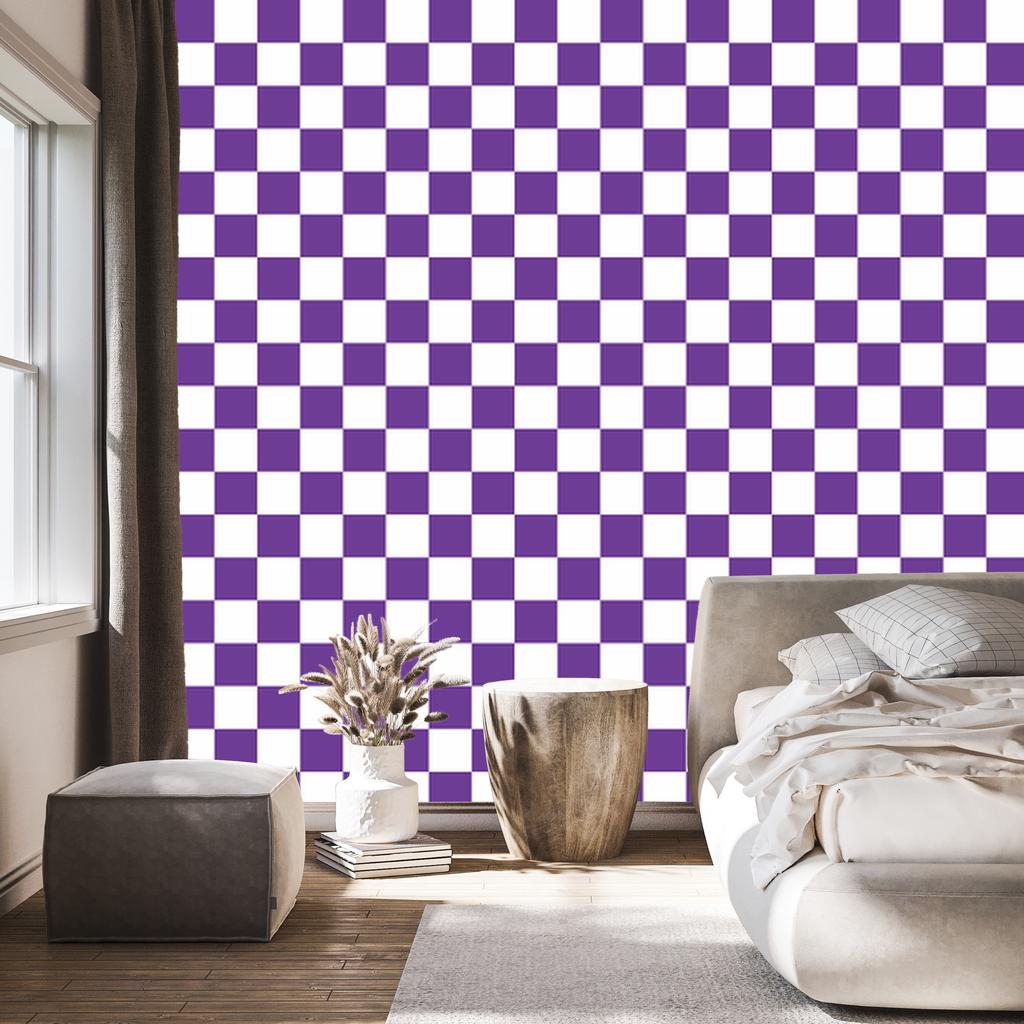 Checkerboard Wallpaper in Purple, White and Lavender for Living Room and Bedroom 50x1000