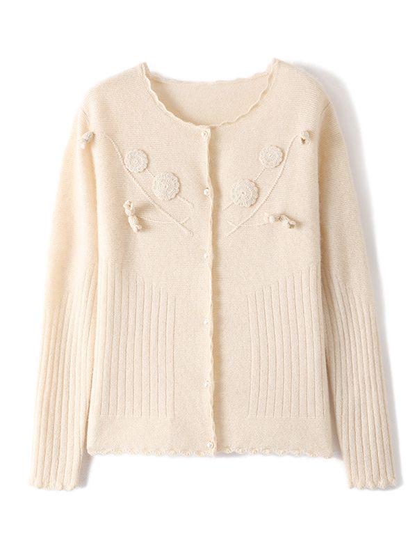 Women's Embroidered Round Neck Cardigan - Pure Wool Knitwear, Stylish Floral Long Sleeve Sweater for Autumn/Winter