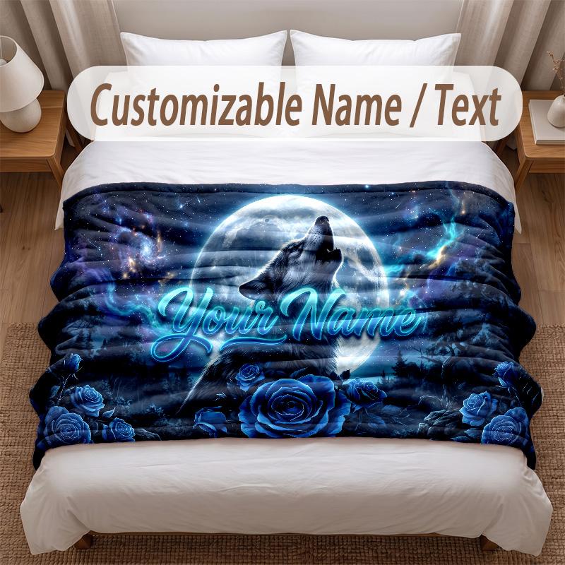 Wolf Theme Soft Blanket Personalized Custom Name Text Print Warm Blanket Home Sofa Bedroom Decor