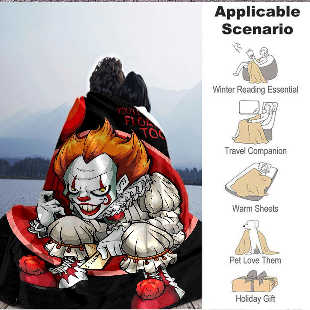 1pc It "Clown" Flannel Throw Blanket - HD Printed Lightweight Soft Warm All-Season Blanket for Sofa, Bed, Travel, Camping 020