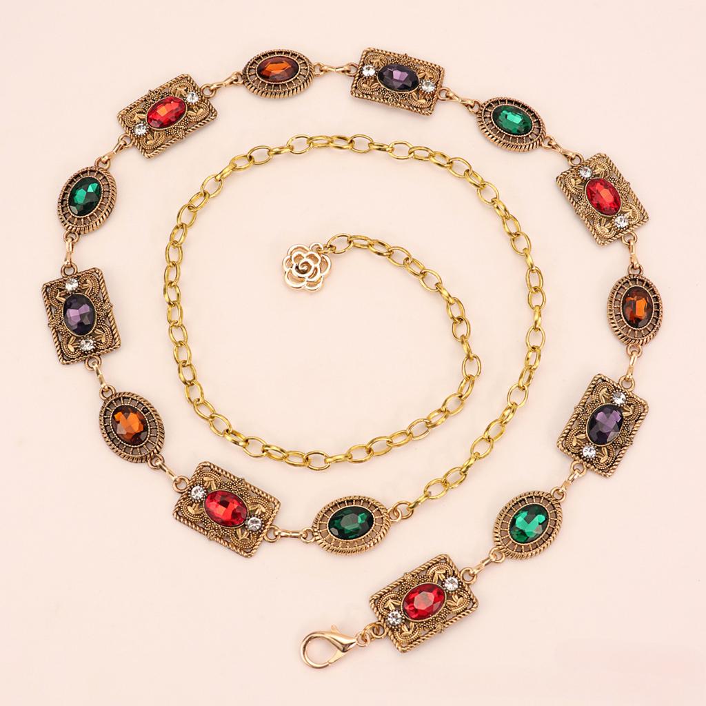 Women's Dress Waist Chain Accessory, Golden & Silver Metal Oval Carved Chain Rhinestone Belt