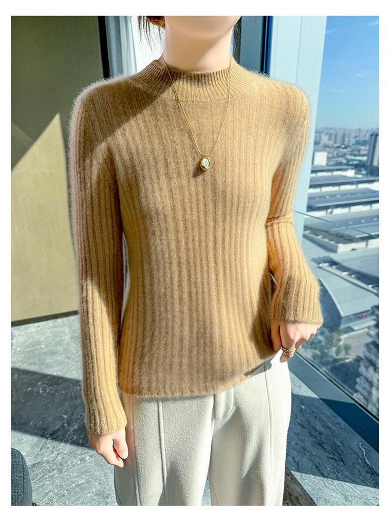 2024 Spring/Autumn Wool Ribbed Knit Sweater with Half-High Neck