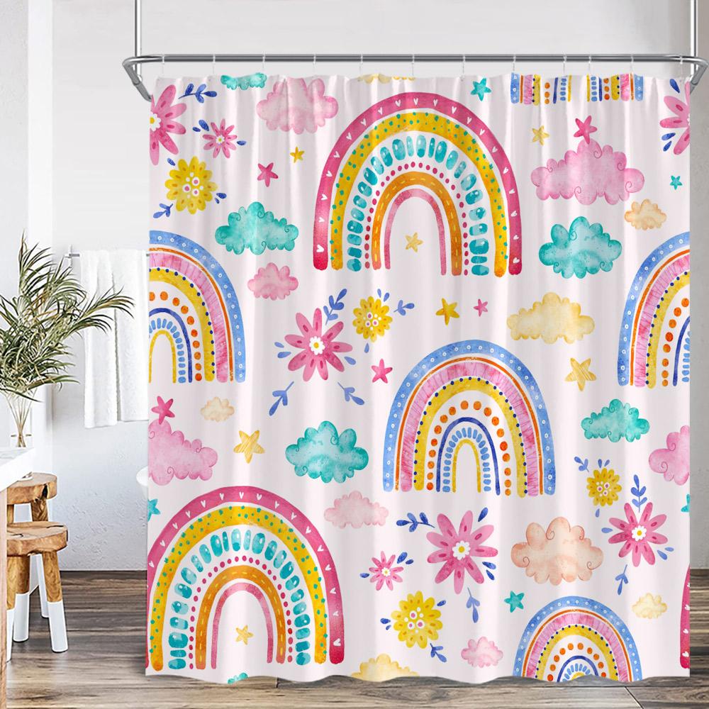 Cartoon Rainbow Kids Bathroom Shower Curtain Hand-Painted Cute Pattern Children Bathtub Decor Children Polyester Bath Curtain