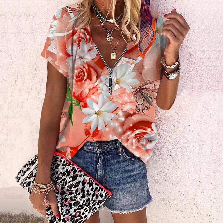 

Женский топ, летний новый модный топ с розами, маленький белый цветочный принт, повседневный топ на молнии с v-образным вырезом и короткими рукавами L красный