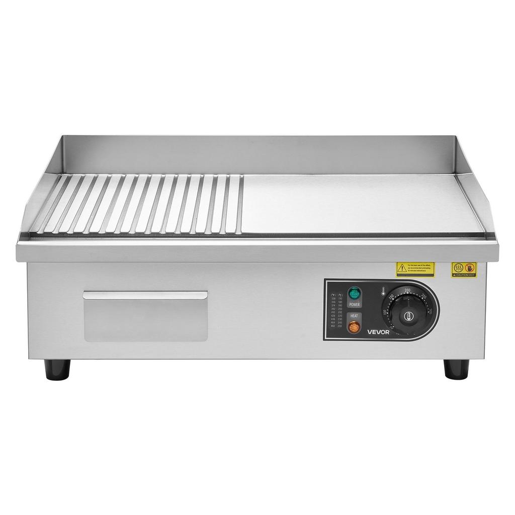 Commercial Electric Griddle, 535 x 300 mm, 3200W, 50-300°C Adjustable Temp Control, Stainless Steel Body, Half Grooved Half Flat, with 2 Spatulas, 2