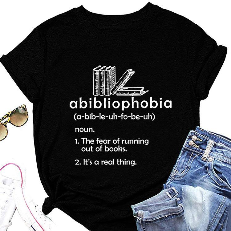 Summer new round neck casual Tshirt abibliophobia book print loose short sleeve top Womens allmatch fashion pullover