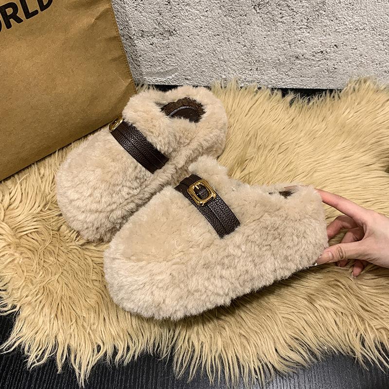 Thick Bottom Inner Height Increase, Small Fluffy Slippers for Women To Wear Outside Autumn and Winter New Models, Velvet One-pedal Cotton Mop