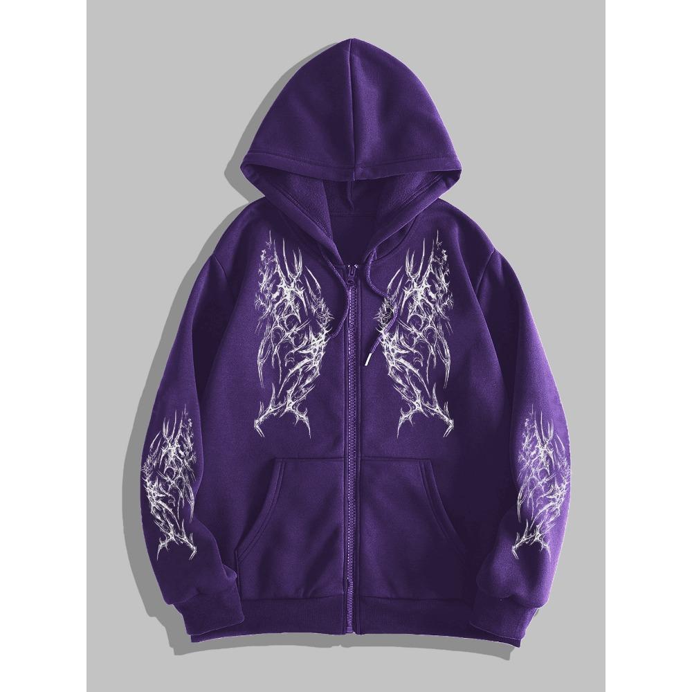 Y2K Gothic Dunkler Print Reißverschluss Hoodie, Modischer Streetwear Reißverschluss Hoodie, Geeignet für Freizeit Anlässe