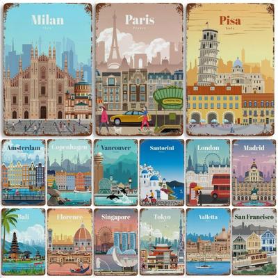 Amsterdam London Iceland Bali Travel Poster Metal Tin Sign Plaque Retro Plates For Club Man Cave Bar Hotel Home Cafe Wall Decor