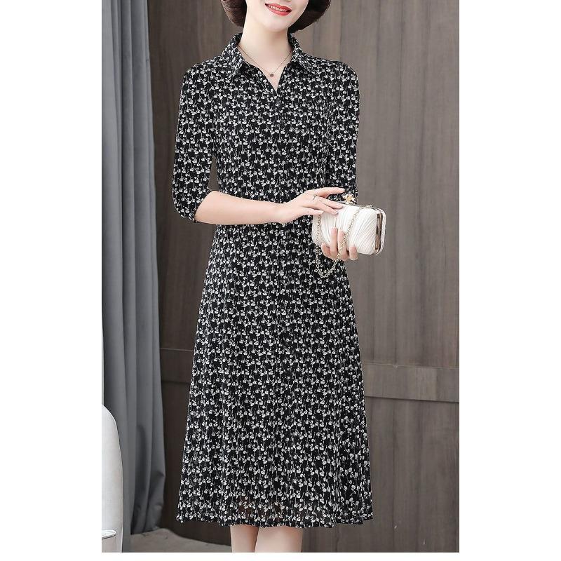 New Mother Suit Summer 7-quarter Sleeve Floral Dress Shirt Collar Mid-length Large Size Middle-aged Women's Clothing