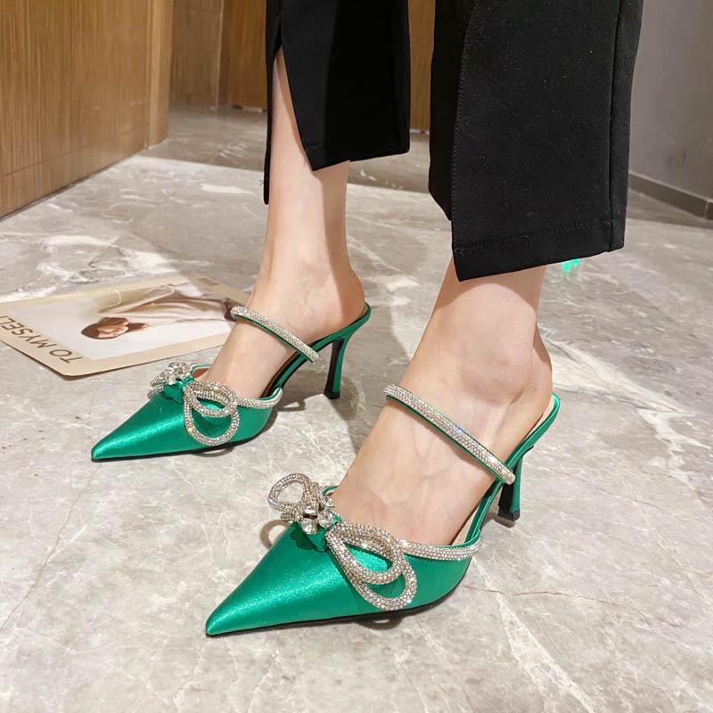 Pointed sandals women's 2025 new summer fashion rhinestone word with bag head thin heel high heel muller shoes sandals