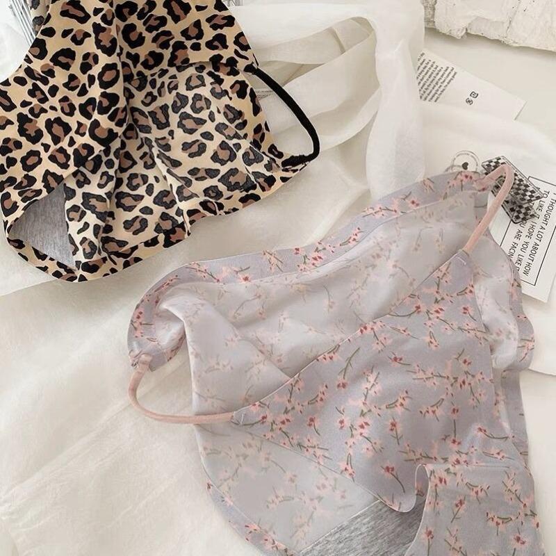 Lady Summer New Style Sexy Leopard Grain Flower Hollow Out Open Fork Ice Silk Without Trace Briefs