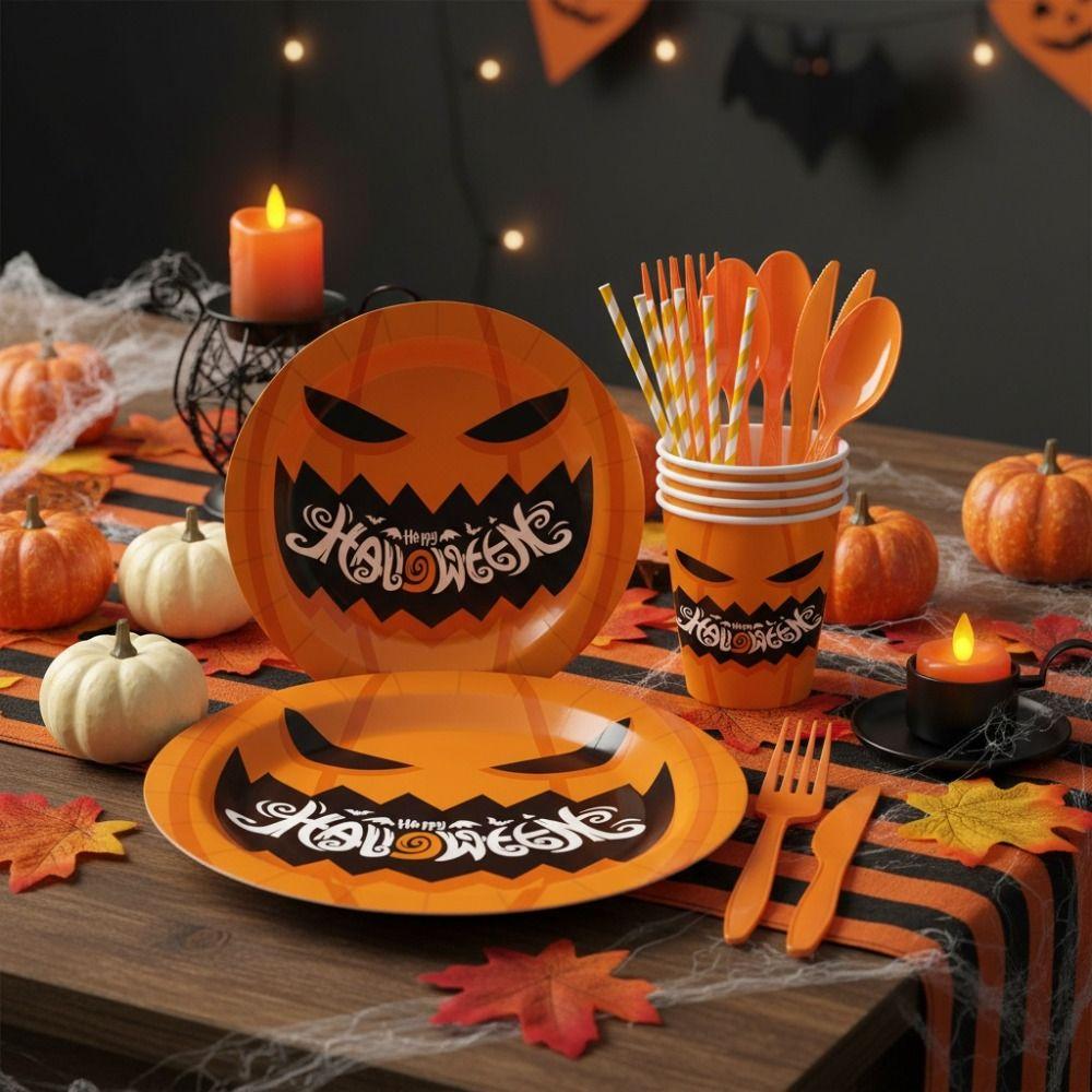 Pumpkin Pattern Disposable Plate Cup Set Paper Disposable Utensils Set Ghost Festival