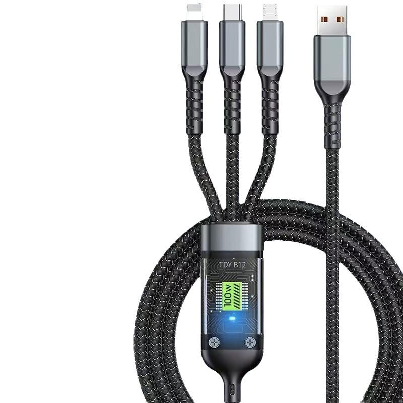 3-i-1 100W gjennomsiktig lys hurtigladekabel for Android, Huawei, Apple.