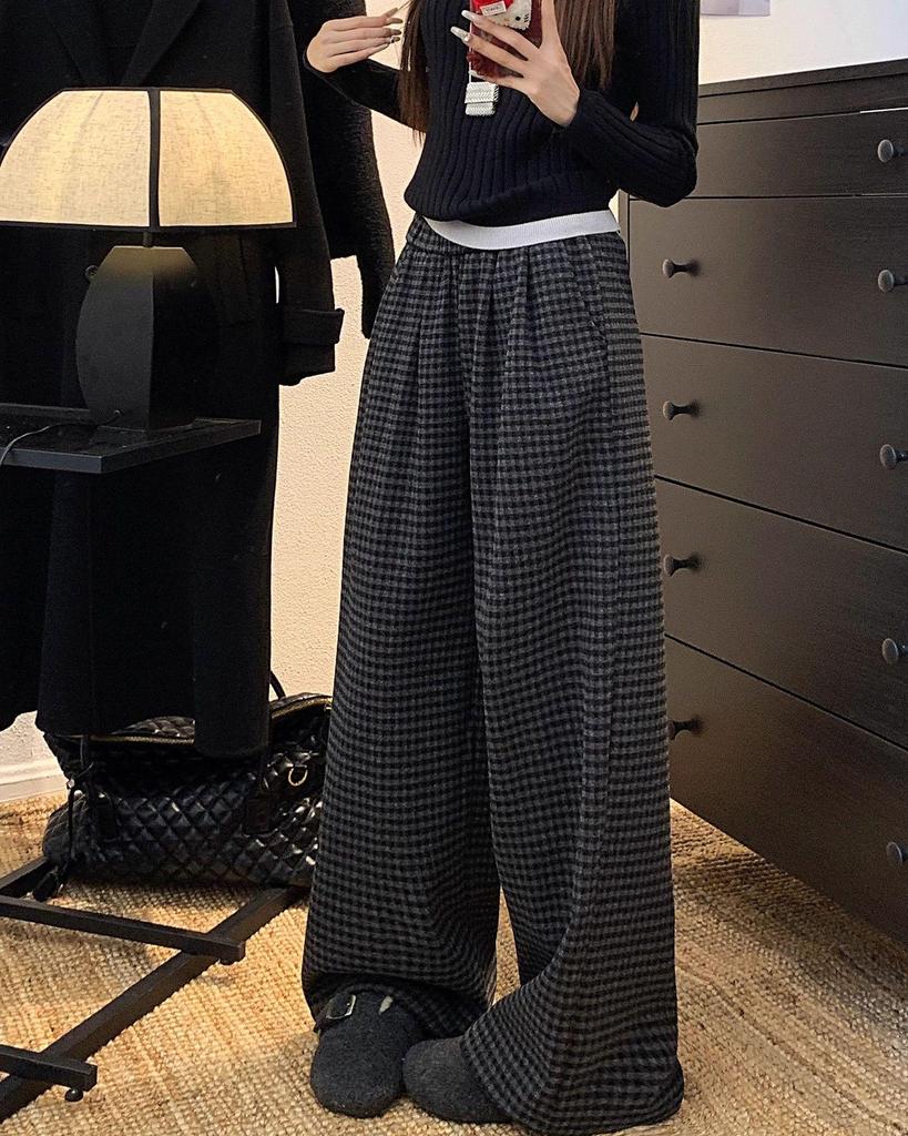 Two-Color Retro Plaid Velvet Fleece-Lined Wide-Leg Casual Pants