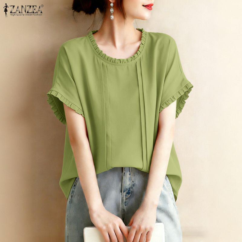 ZANZEA Women Casual Round Neck Solid Color Summer Short Sleeve Blouse