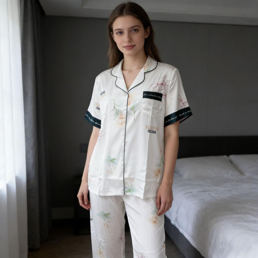 Luxury-sleek Printed Pajama Set for Women In Summer Style. New Short-sleeved Long Pants Set. High-end, Reversible Two-piece Set of Home Wear.
