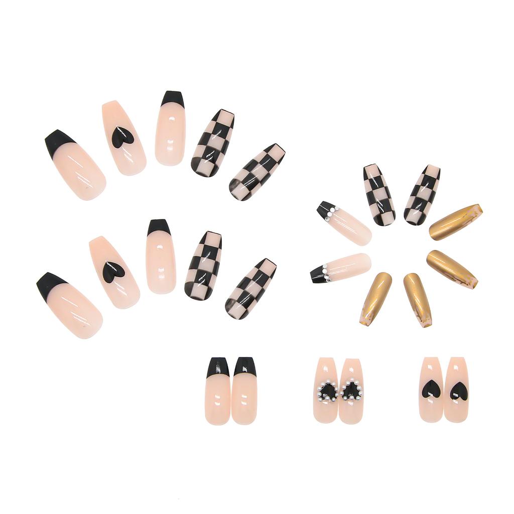 Artificial Nails Black Checkerboard Love Manicure Wearable Nail Stickers Fake Nails Long Ballet Nails Removable Nail Pieces