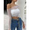 Sexy T-shirt Cross-Shoulder Long Sleeve Mesh Base Shirt