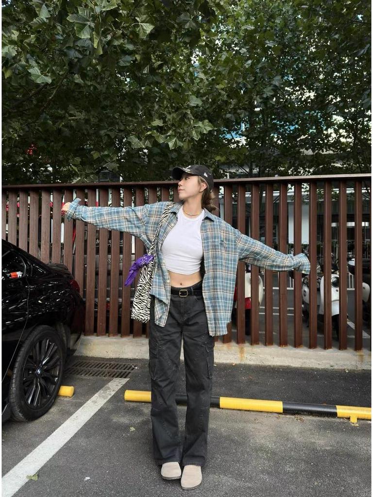 Retro Distressed Plaid Flannel Shirt with Tassels, Unisex Spring Loose Fit