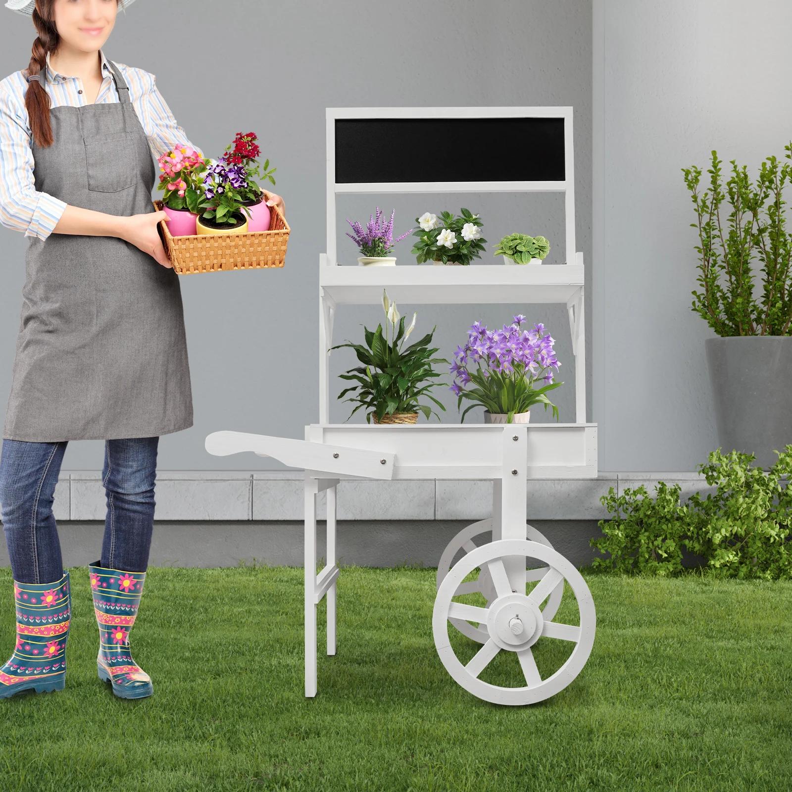 White Flower Stand, Double-Layer Plant Rack with Blackboard, 79*42*125 cm Flower Pot Display Stand with Decoration bianco