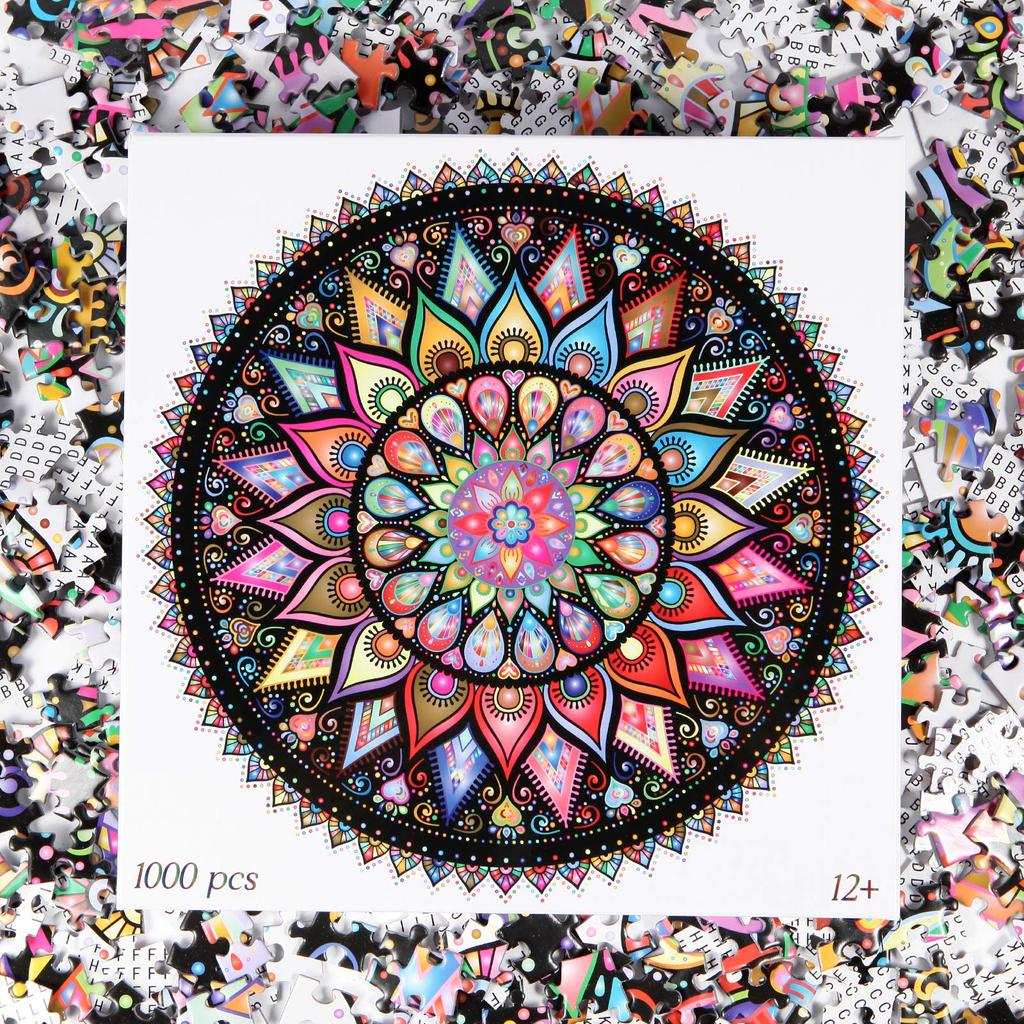 Bgraamiens Puzzle - Geometric Colorful Mandala - 1000 Piece Creative Geometric Round Blueboard Colorful Mandala Jigsaw Puzzle