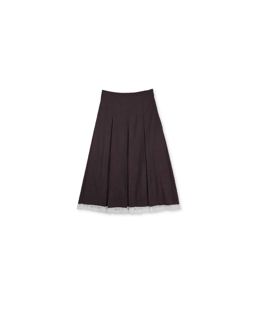 320 Showroom Inverted Pleat Lace Trim Midi Wool Skirt Brown
