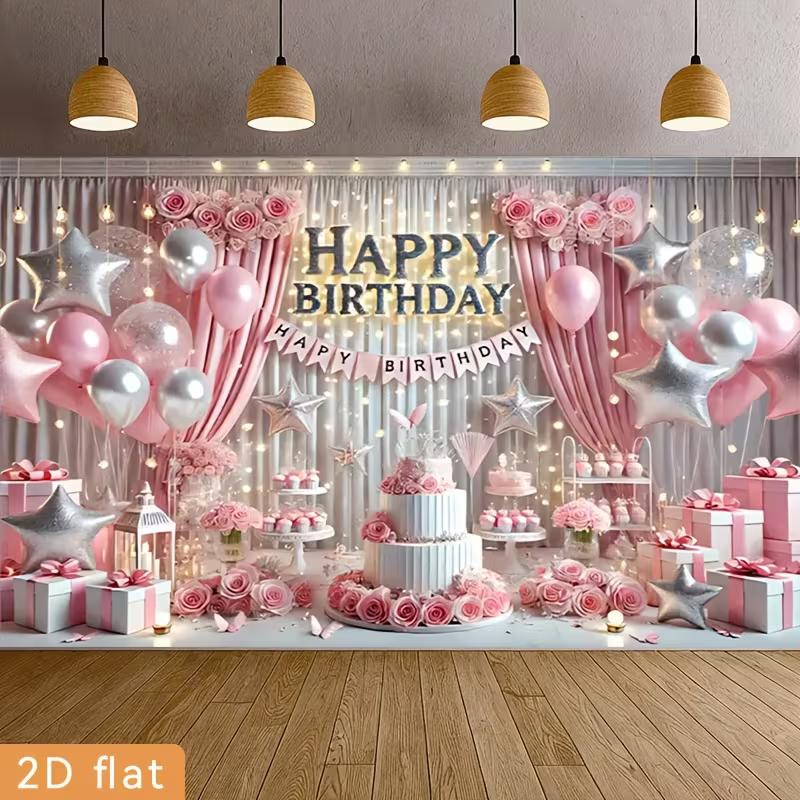 

2D Dreamy Pink Theme Happy Birthday 2D Banner for Parties 47.2x31.5inch/120*80cm