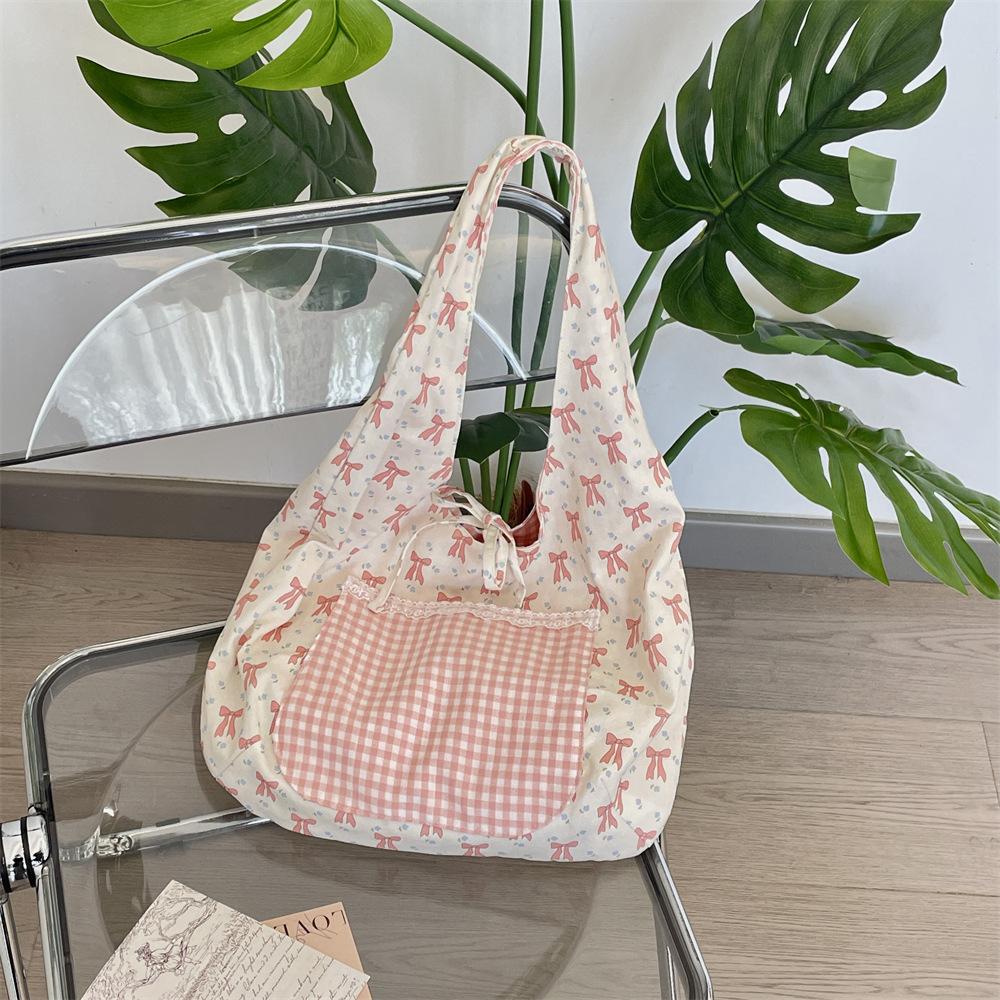 5591 Floral Plaid Tether Bow Shoulder Bag Spring and Summer Leisure Travel Large Capacity Tote Bag