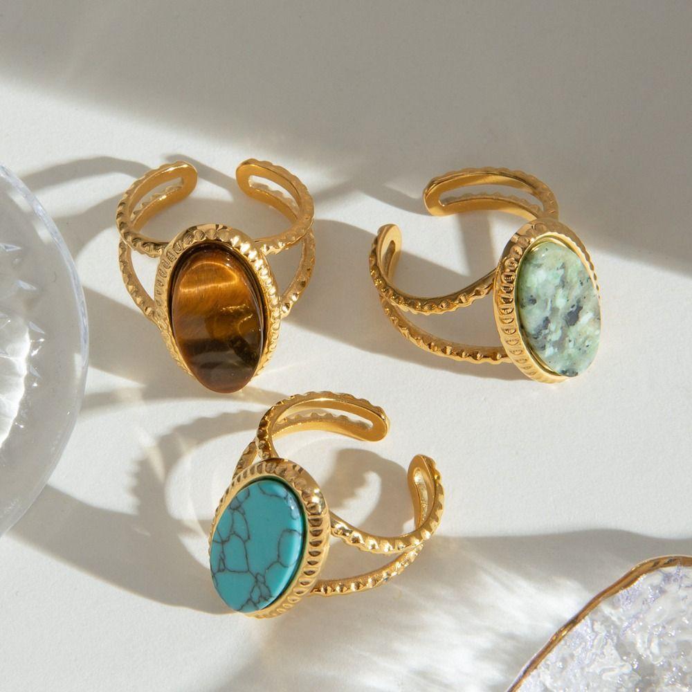Opal Geometric Open Ring Geometric Wide Finger Buckle Creative Turquoise Metal Ring  Friend