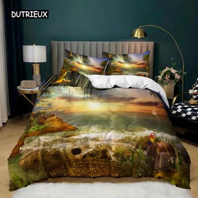 Set Copripiumino Stampato Misura King Tramonto sulla Spiaggia Barriera Corallina Paesaggio Naturale Set Biancheria da Letto Dipinta Paesaggio Naturale Copripiumino in Poliestere