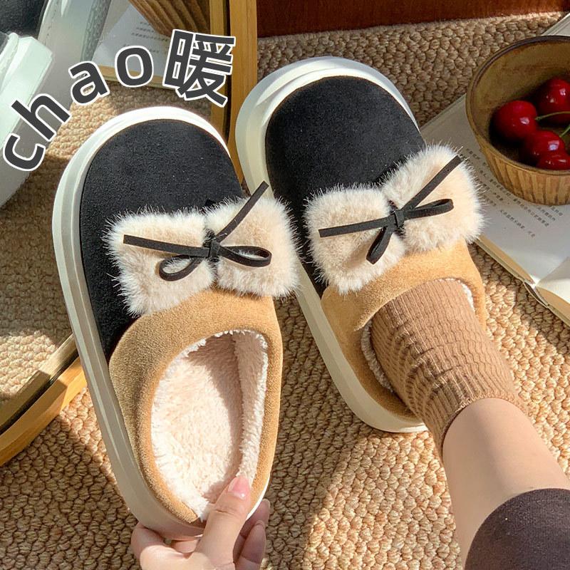 Winter new plush bow cotton mop casual outdoor wear indoor home slippers warm and velvet