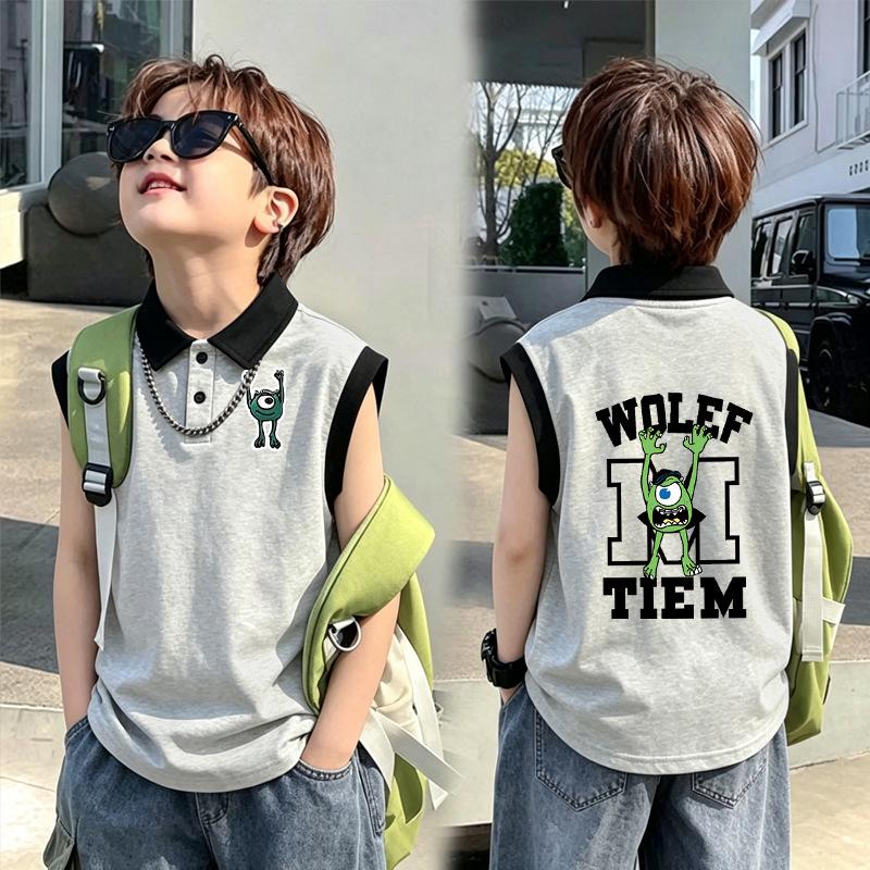 Boys' Color Block Cotton Polo Shirt Vest - Summer 2026 New Arrival, Medium & Large Patchwork Lapel Sleeveless Top