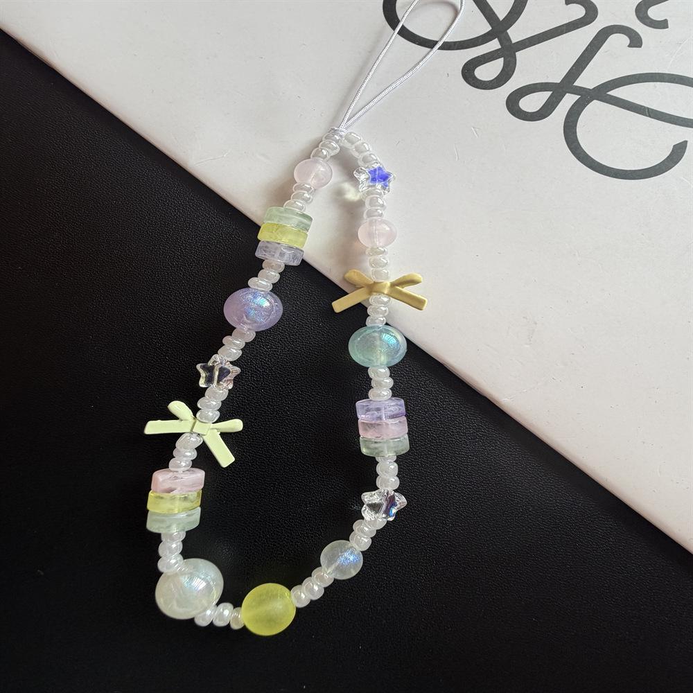 Green Yellow Bow Beaded Phone Case Lanyard with Camera Pendant Green Yellow Bow Bead String Lanyard