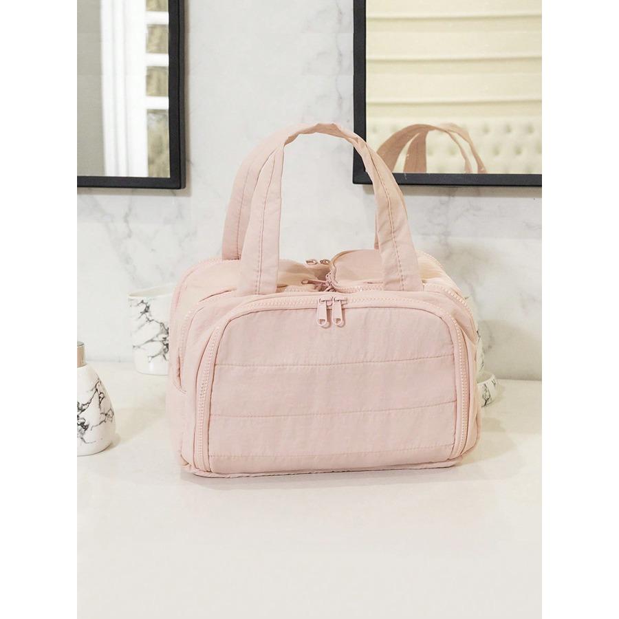 Large Capacity Double Wide Open Solid Color Toiletry Bag, Women's Portable Vacation Beauty Bag, Multi Pocket and Multi Slot Multifunctional Makeup Bag